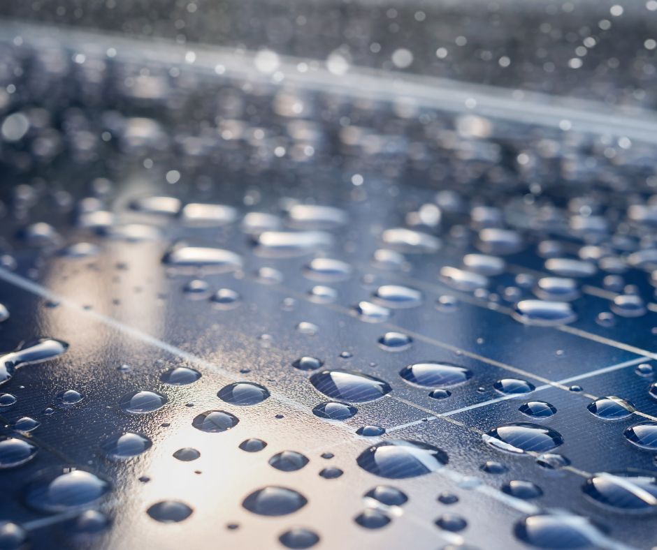 Water beading on ceramic coated solar panel showing hydrophobic properties