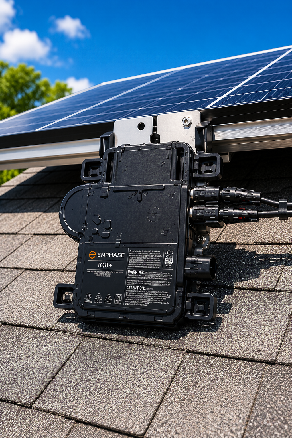 Enphase IQ8+ micro-inverter mounted under solar panels on a roof